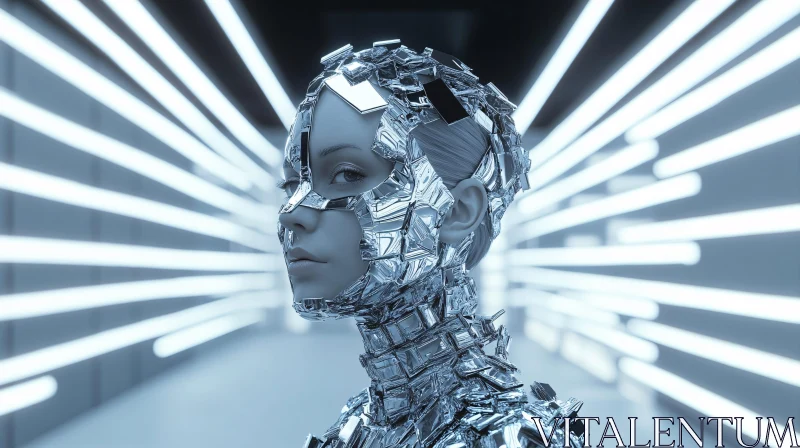 Cyborg in Illuminated Corridor AI Image