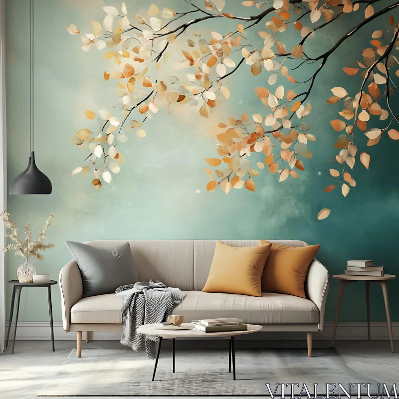 AI ART Living Room with Leaf Motif