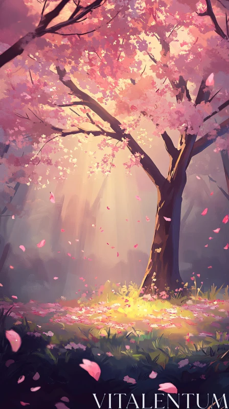 AI ART Sunlit Forest with Pink Blossoms