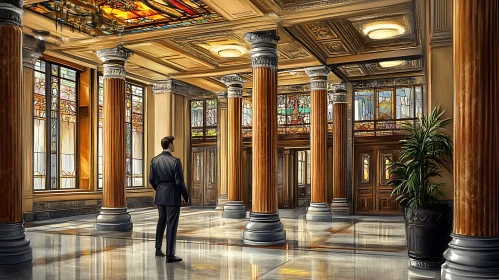 Elegant Hall Interior with Standing Figure