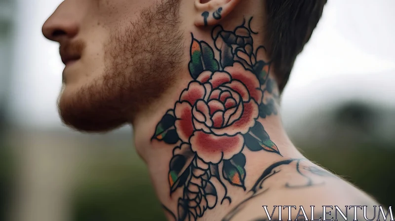 Colorful Rose Tattoo on Neck AI Image