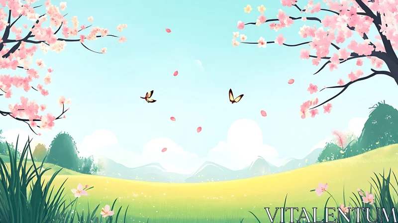 Spring Blossom Landscape with Butterflies AI Image