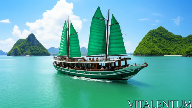 Captivating Green Boat Sailing through Clear Waters with Majestic Mountains AI Image