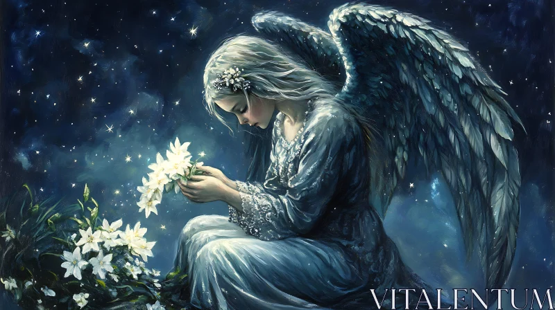 AI ART Angel Holding Flowers Under Starry Sky