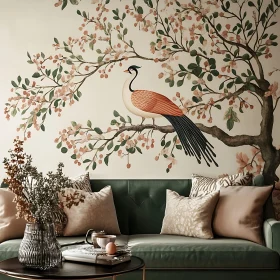 Green Couch with Floral Bird Wall Art