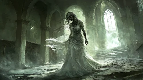 Ethereal Ghost Bride in Gothic Ruins