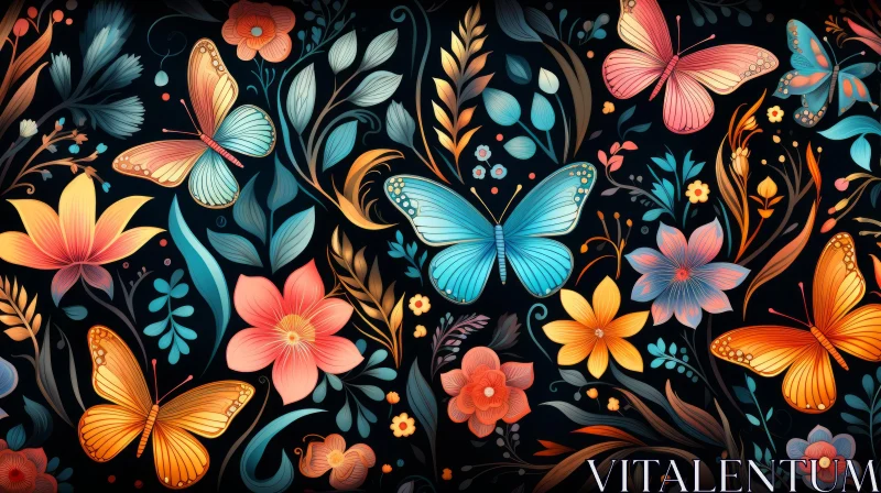 Colorful Floral Pattern with Butterflies on Black Background AI Image
