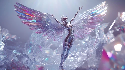 Crystal Angel with Wings in Ice Field