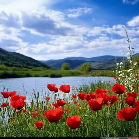 Red Poppies Field near Lake