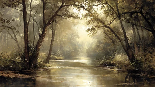 Peaceful Forest River with Sunlight and Reflections