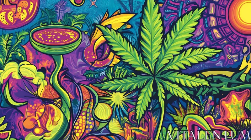 AI ART Vibrant Psychedelic Art Featuring Abstract Plants and Cannabis