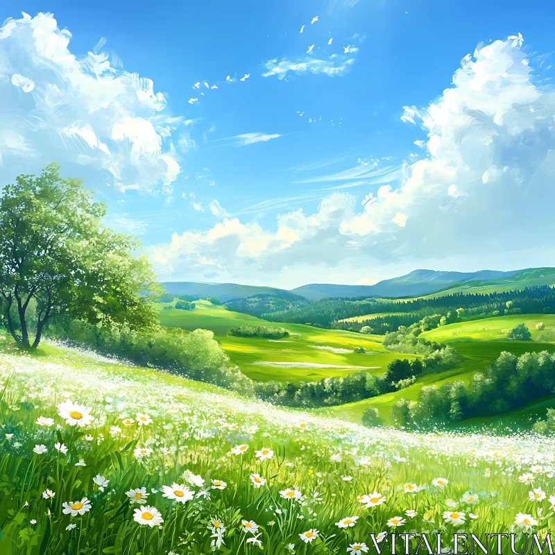 AI ART White Flowers in Green Field