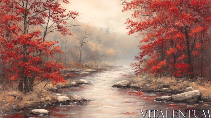 AI ART Serene Autumn Forest with Red Leaves and Misty River