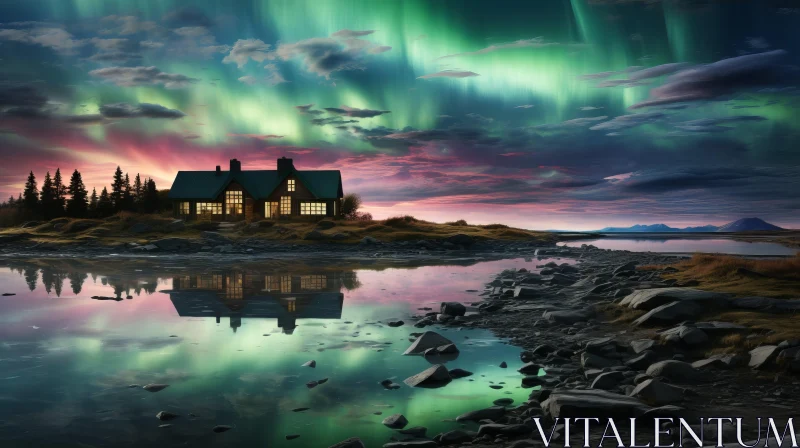 Enchanting House Reflection in Water with Aurora | Atmospheric Landscape AI Image