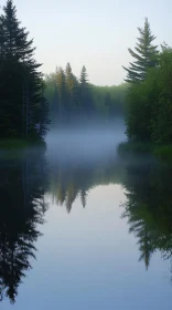 Tranquil Forest Reflected in Misty Waters