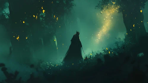Crowned Figure in Ethereal Forest Scene