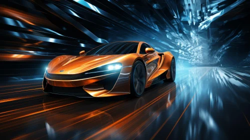 Orange Sports Car and Train in Motion - Glimmering Light Effects Art