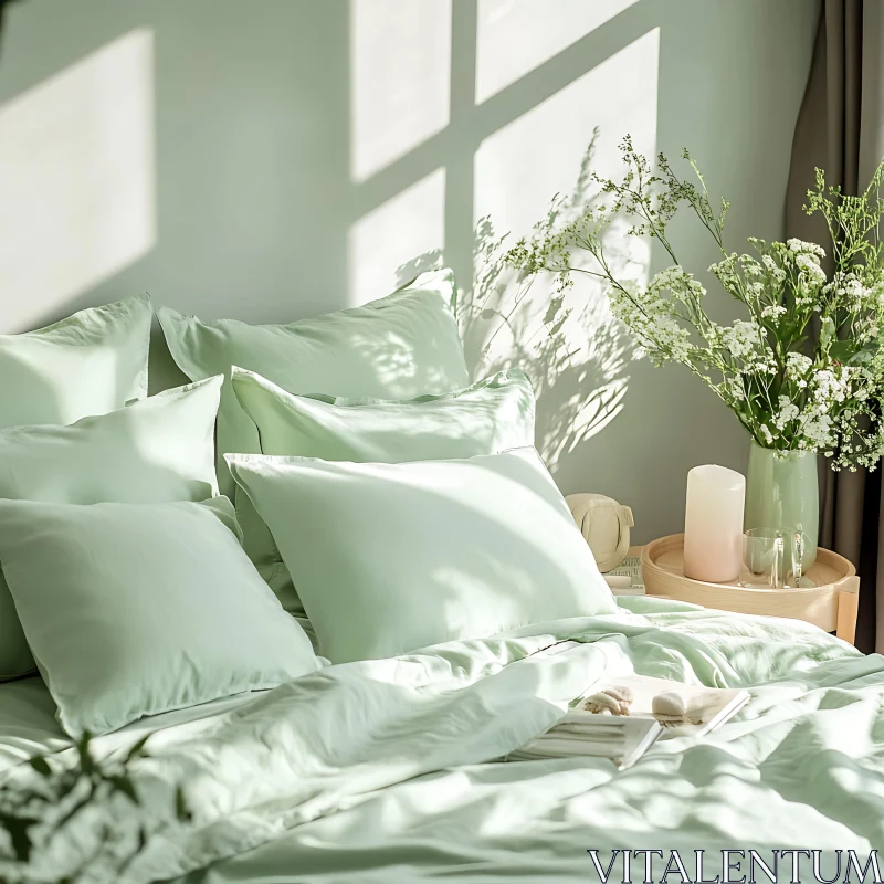 Serene Bedroom Interior with Soft Light AI Image