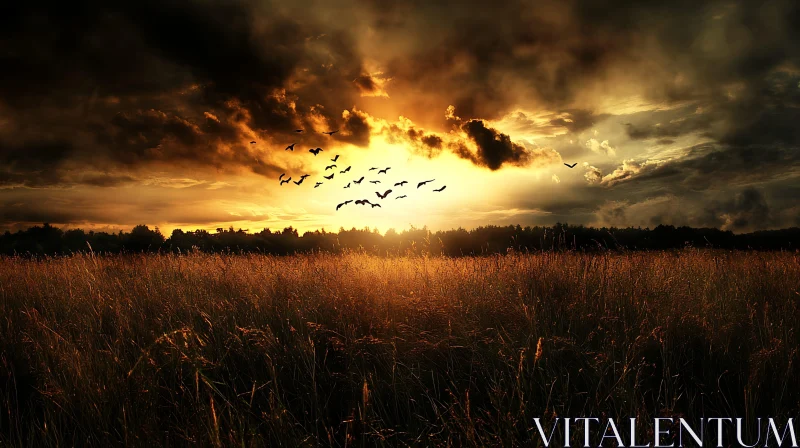 AI ART Sunset Over Field With Birds