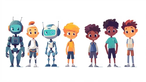 Cartoon Kids and Robots Together