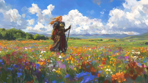 Warrior in Floral Meadow Art