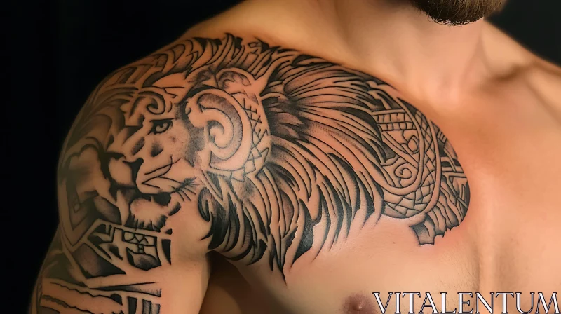 Detailed Shoulder Tattoo of Lion with Tribal Designs AI Image