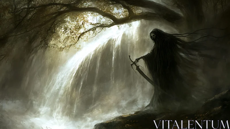 AI ART Dark Figure with Sword Near Waterfall