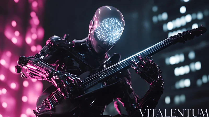 Cyberpunk Cyborg Guitarist Under City Lights AI Image