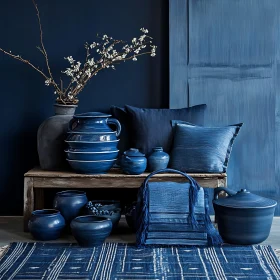 Still Life with Blue Ceramics and Textiles