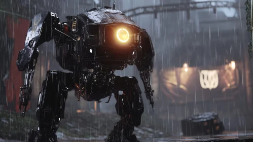 Black Robot in Rainy Ambiance