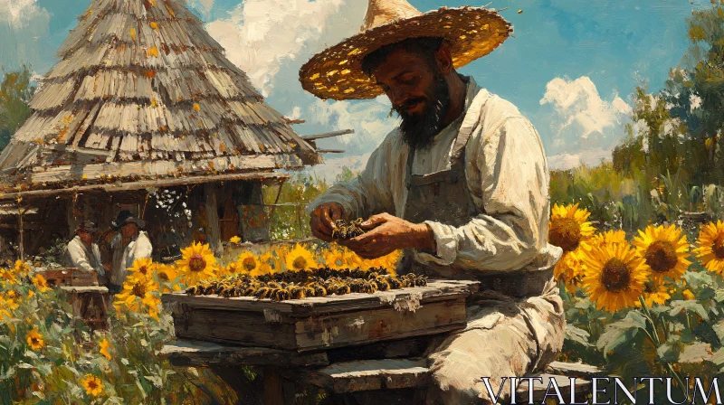 Beekeeper amongst sunflowers AI Image