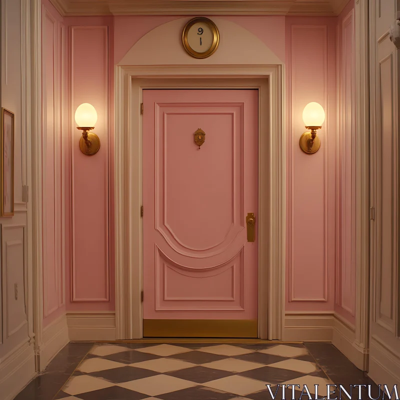 AI ART Pink Door with Sconces and Checkered Floor