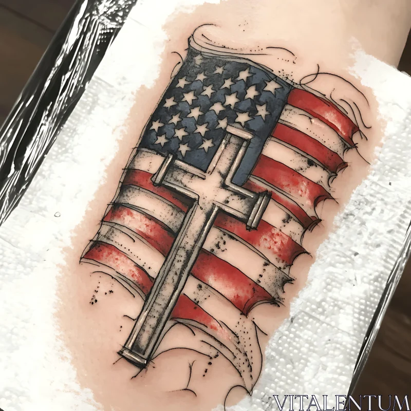 American Flag Tattoo with Crucifix Design AI Image