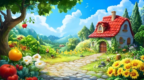 Idyllic Cottage Scene with Flowers and Stone Path