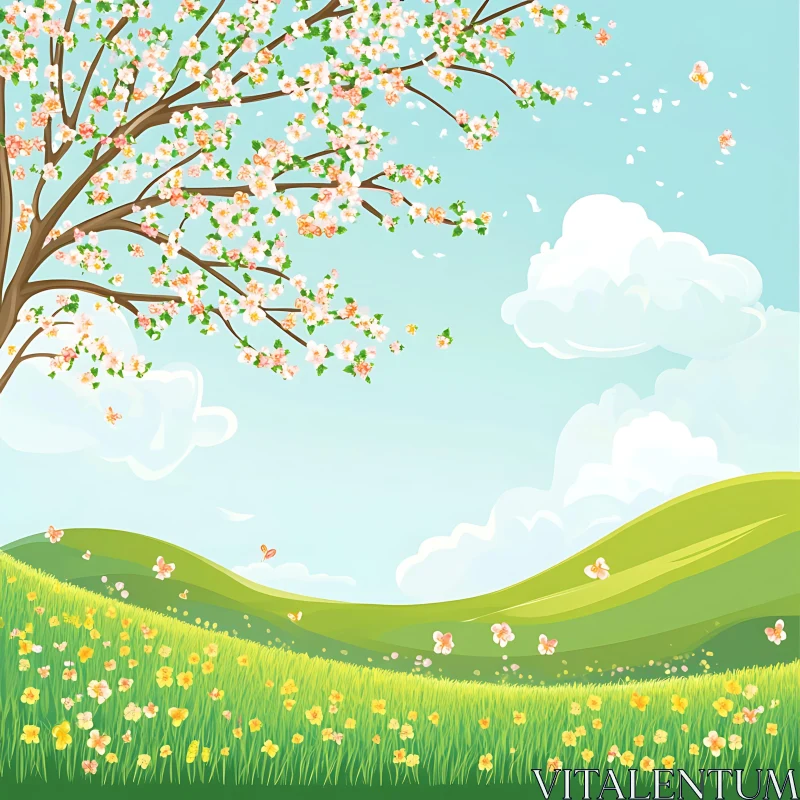 AI ART Spring Meadow with Blossoming Tree