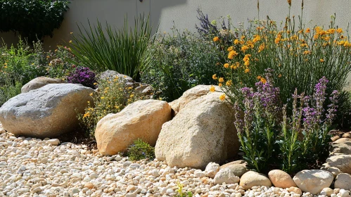 Stunning Outdoor Garden with Floral Arrangement and Rock Decor