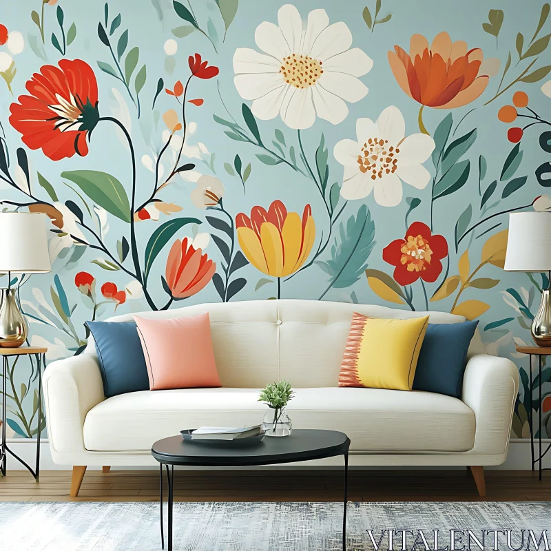 AI ART Living Room with Floral Wallpaper and Sofa