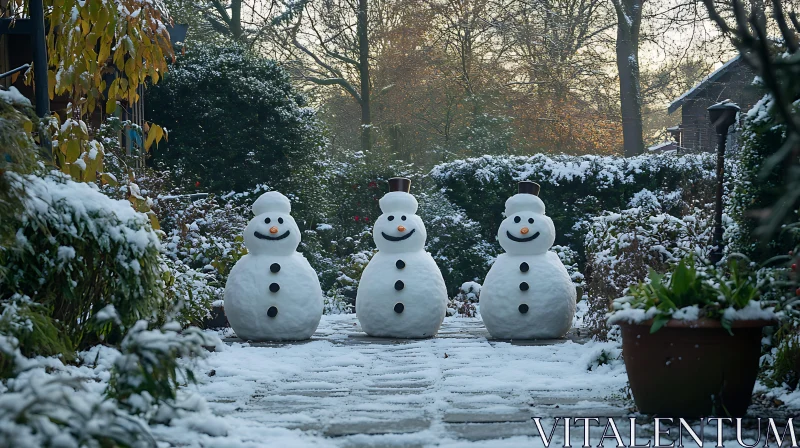 Three Snowmen in a Snowy Garden AI Image