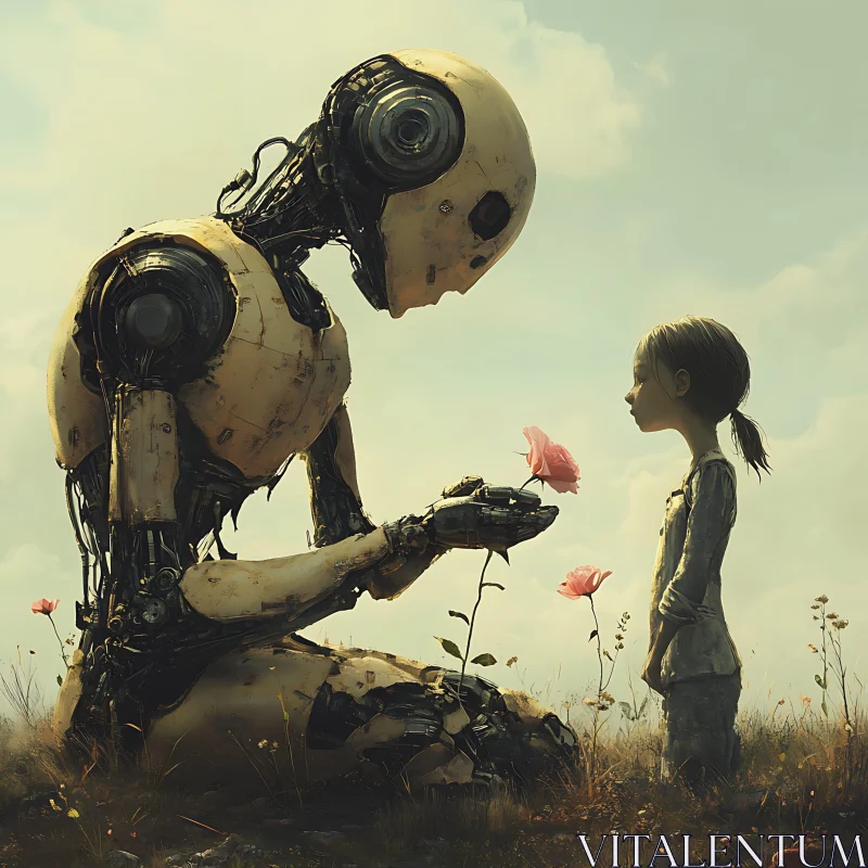 Touching Robot and Girl Encounter AI Image