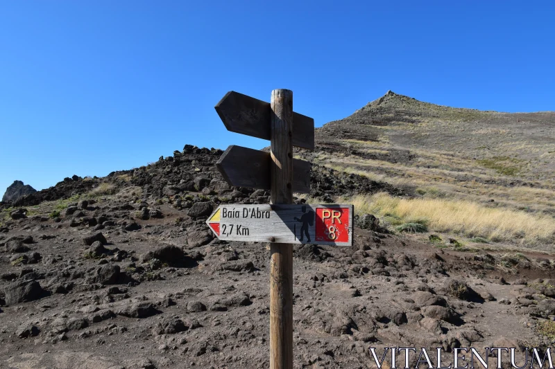 Hiking Signpost in Madeira's Rugged Landscape Free Stock Photo