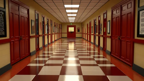 Hallway with Checkered Floor and Red Accents