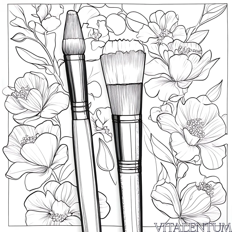 Intricate Line Drawing of Paintbrushes with Floral Background AI Image