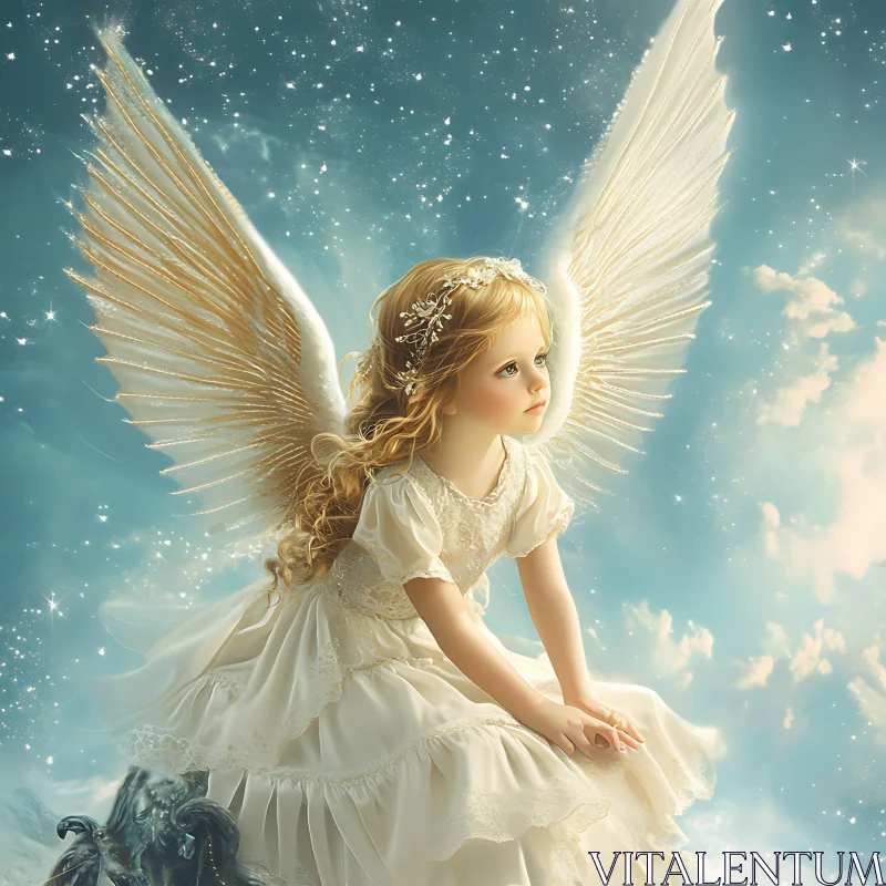 Celestial Child Angel with Golden Wings AI Image