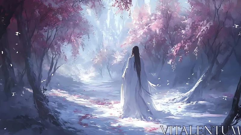 AI ART Woman Walking Under Cherry Blossoms in Winter