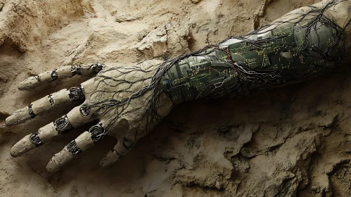 Futuristic Cyborg Arm in Sandy Terrain