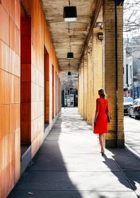 Woman in Red on Urban Walkway