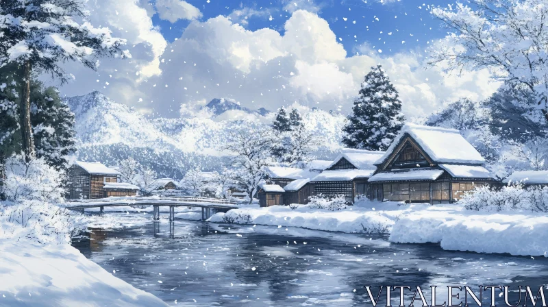 AI ART Picturesque Snow-Covered Village with River and Mountains