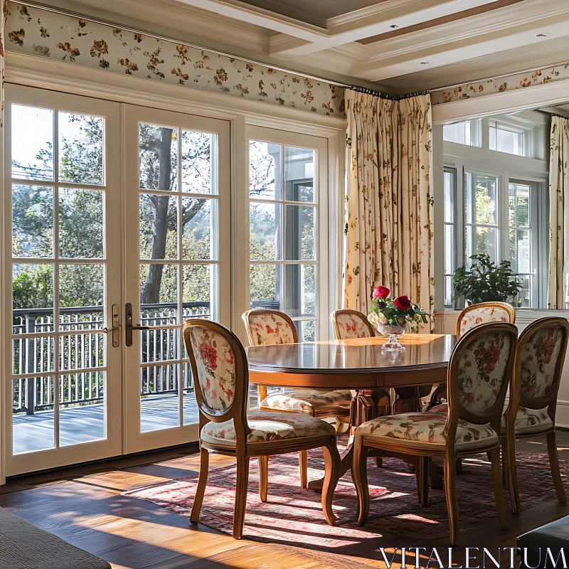 Sunlit Dining Room with Floral Furniture AI Image