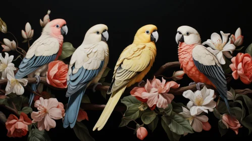 Colorful Parrots on Floral Branch Artwork