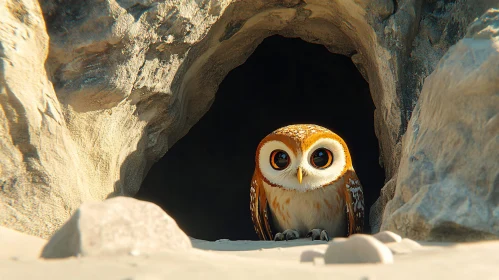 Owl Peering from Rocky Cave